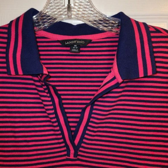 Lands' End Pink And Navy Blue Stripe Knit Collared Polo Dress Size Medium 10-12 - Picture 4 of 8